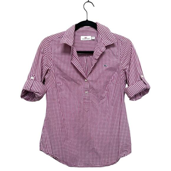 🍀 Vineyard Vines Womens Button Up Shirt Purple Gingham Roll Tab Long Sleeve 00 - Picture 3 of 7